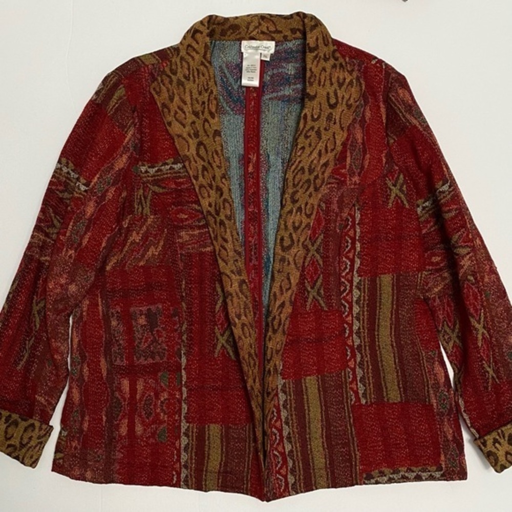 Vtg Women's Patchwork‎ Leopard Tapestry Jacket XLP Indie Artsy Eclectic Boho